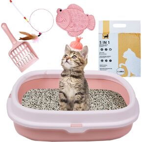 Suhaco 6 Pcs Kitten Litter Box Starter Kit with Cat Litter & Litter Scoop Teaser Wand Licking Mat Bath Brush 6 in 1 Cat Litter Box(Blue)