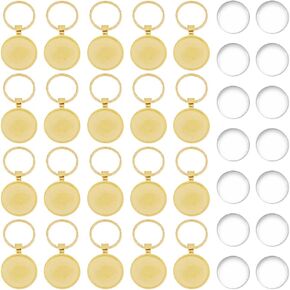 DICOSMETIC 20 Sets Golden Cabochon Keychain Kit Alloy Round Bezel Pendant 25mm Trays Charms with Glass Cabochon 5.8cm DIY Cabochon Keychain for Photo Resin Personalized Crafting