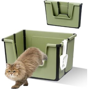 Cat Litter Box, Travel Litter Box for Cats, Low Entry Foldable Large Litter Box with High Sides, Portable Litter Tray with Scoop for Kitty, Cats Litter Box for Car, RV,Airplane Travel
