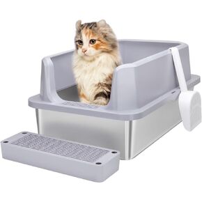 RIZZARI Stainless Steel Cat Litter Box, Semi-Enclosed Litter Box with Raised Edges, Anti-Leakage & Odorless, Large Litter Box for Small to Large Sized Cats (Silver Gray, 23.8" L*16" W*12" H)