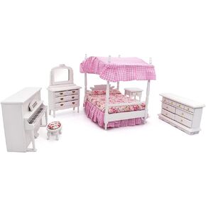 iLAND Wooden Dollhouse Furniture on 1/12 Scale for Girls of Pink Dollhouse Bedroom Set w/Piano (Sweet Doll Furniture 6pcs)
