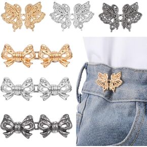 6 Sets Waist Tightener Buttons, Adjustable Butterfly Waist Buckle Bow No Sewing Pant Waist Tightener Detachable Decorative Jean Buttons Pins for Loose Jeans Pants Skirts