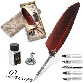 Quill Pen, Hand Made Antique Quill Dip Pen, Calligraphy Writing Pen for Students Officer, Write Smoothly, Executive Gift with Empty Ink Bottle, 6 PCS Nib for Art and