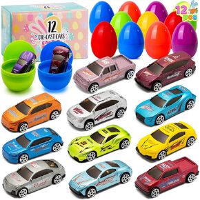 JOYIN 12 Pcs Die-Cast Car Filled Big Easter Eggs, Bright Colorful Prefilled Plastic Eggs with Different Die-cast Cars for Boys, Basket Stuffers and Kids Party Favors