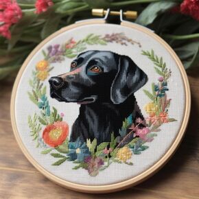 Generic Counted Easy Cross Stitch Kits Black Labrador & Flowers Color Stamped Embroidery for Starter Kits DIY 11CT Stamped Patterns Embroidery Needlework Kit Supplies 12 Inch Hoop Included(13-E)