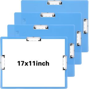 cobee Clipboard 11x17,4 Pcs Extra Large Clipboards Landscape Heavy Duty Tough Not Fragile Plastic Three Clip Metal Board with Low Profile Clip Storage for Art Drawing Construction Office Home