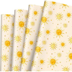 JarThenaAMCS 8 Sheets Boho Sun Wrapping Paper -Not Roll- First Trip Around The Sun Gift Wrap Paper Folded Flat Yellow Sunshine Star Craft Paper for Home Party, 19.7 x 27.6 Inch