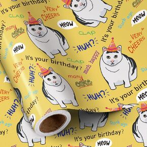 RUSPEPA Funny Birthday Wrapping Paper - Mini Roll - Happy Birthday Cats Pattern for Birthday Party Gift Wrap and Special Occasions - 17 inches x 16.4 feet - Cat
