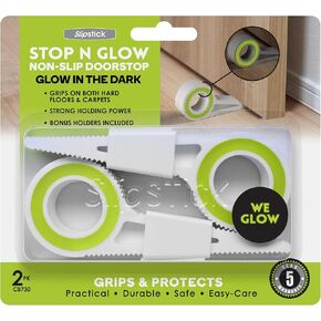 Slipstick Stop N Glow Doorstop (2 Door Stoppers) Heavy Duty Non Slip Door Stops for Hard Floors, Carpet and Rugs, Glows in The Dark, Includes Holders