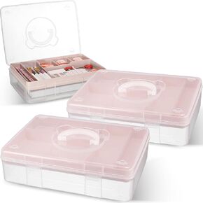 2 Pcs 2 Tier Cute Bear Storage Box with Removable Divided Tray 12.5" x 9" Portable Clear Plastic Art Supply Organizer Stackable Office Supplies Container for Pens Notes A4 Papers (Pink)