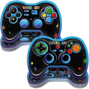 48Pcs Video Game Party Supplies Paper Plates Gaming Birthday Decorations Gamepad Shaped Disposable Plates Game On Controllers Party Tableware Dinnerware Video Gamer Theme Dessert Plates for Boys Kids