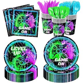 169PCS Game Birthday Party Supplies Video Game Birthday Decorations Includes Plates, Napkins, Cups, Cutlery, Banner for Gaming Birthday Party Decorations, Serves 24