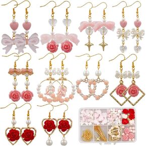 SUNNYCLUE 1 Box DIY 10 Pairs Earring Making Kits Pink Bowknot Charms Romantic Valentines Day Charms Flower Bowknot Beads Bow Charms Bulk for Jewelry Making Kits Adults Women Gifts Holiday Supplies