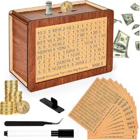 Wooden Money Saving Box, Cash Vault Piggy Bank for Kids Adults, 10000 Savings Challenge Box with10 Saving Targets $10000 $5000 $3000 $2000 $1000 $500 Saving Challenges, Kids Bank Savings Box Gift