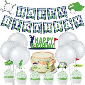 Containlol 32 Pieces Golf Birthday Party Decorations Golf Happy Birthday Banner Golf Cake Toppers and Foil Balloons for Golf Themed Party Supplies