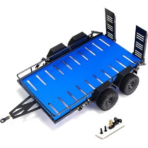 RC Trailer for Hauling Behind RC Car, 4 Wheels Metal Flatbed Trailer with Hook Hitch for TRX4M 1/18 RC Crawler Car (Blue)