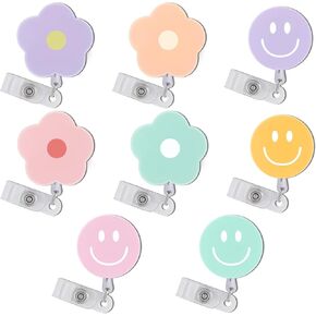 8 PCS Cute Badge Reels Retractable, Flower and Smile Colorful Nurse ID Badge Holder Clip Reels, ID Name Clip Tag for Nursing Nurses Hospital Teacher Pediatric Pharmacy Medical Accessories