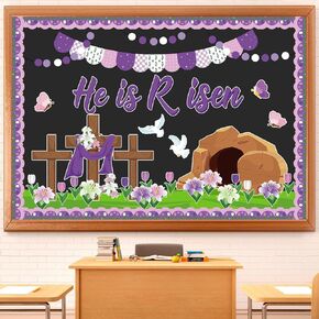 Supervitae 86 Pcs Christian Easter Bulletin Board Decorations Set Religious Easter Classroom Decorations He is Risen Paper Cut Outs for School Nursery Spring Birthday Party Supplies
