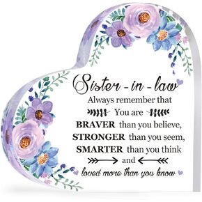 Funny Sister in Law Gift Acrylic Heart Keepsake for Sister Heart Shape Decorative Signs Plaques Office Desk Paperweight Decor Valentine's Day Birthday Wedding Gift(Purple Flowers)