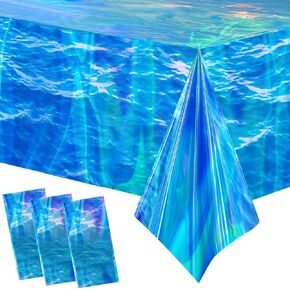 Irenare 3 Pcs Iridescent Ocean Waves Tablecloths Ocean Table Covers Blue Disposable Plastic Water Print Table Cloth for Summer Sea Beach Pool Birthday Party Decoration, 54x108 Inch