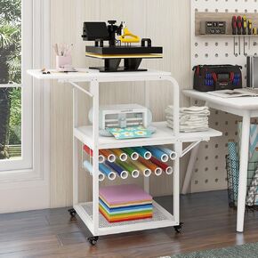 Puncia Movable Heat Press Table مع طاولة حامل لفائف الفينيل للضغط على الحرارة مع رف طي DIY Machine Machine Workbench with Storage Rolling Craft Table Heat Press Cart مع عجلات