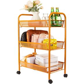 3-Tier Mesh Wire Rolling Cart,Metal Rolling Basket cart with Wheels,Multi-Functional Storage Trolley, Easy Assemble Rolling Cart Used for Bathroom,Kitchen,Office,Workshop