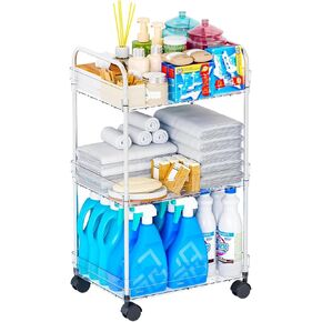 Yieach 3 Tier Rolling Cart with Wheels,11.8″ W Utility Rolling Cart with Lockable Wheels for Bedside,Bedroom,Kitchen and Laundry Room,Clear Bathroom Rolling Storage Cart for Makeup,Snack,Book,Diaper