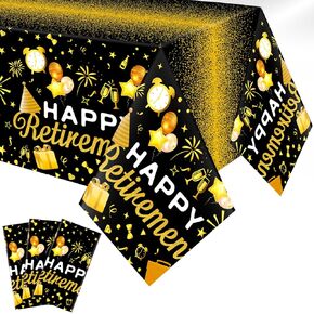 Zhehao 3 Pcs Retirement Tablecloth 54 x 108 Inch Plastic Retirement Table Covers Disposable Black and Gold Waterproof Table Decoration for Farewell Celebration Retirement Party Favor Supplies