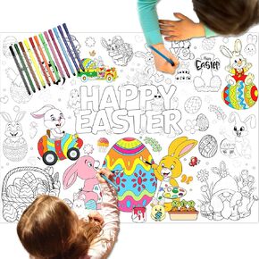 Easter Coloring Tablecloth for Kids, Large Coloring Poster with 12 Paintbrushes Easter Egg Bunny Giant Paper Table Cloth Cover Runner Crafts Doodle Art for Easter Party Favors Family School Event