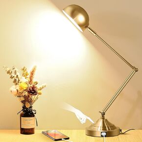 Architect Gold Dimmable Desk Lamp with USB Port, Adjustable Touch Control Vintage Lamp with 3 Color Modes, Brass Metal Retro Style Reading Light for Home Office, Bedside Table