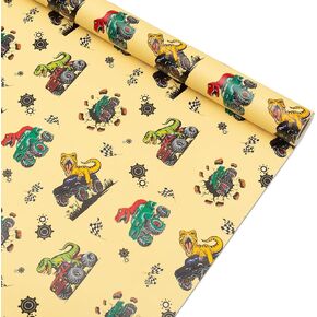 Vnaaem Boys Birthday Wrapping Paper Roll with Cutlines on Back - 17 Inches X 32.8 Feet - Dinosaur Monster Truck Design for Kids Birthday Baby Shower Holiday (1 Roll)