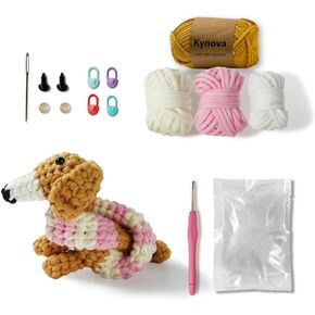 Kynova Dachshund Crochet Kit for Beginners – Complete Starter Kit with Yarn, Hook & Step-by-Step Video Tutorials to Make an Adorable Wiener Dog（Pink & White）