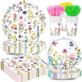 120Pcs Wildflower Plates Napkins Flower Birthday Party Supplies Floral Baby Shower Decorations Watercolor Colorful Cups Forks Spring Paper Disposable Tableware Set for 24 Guests