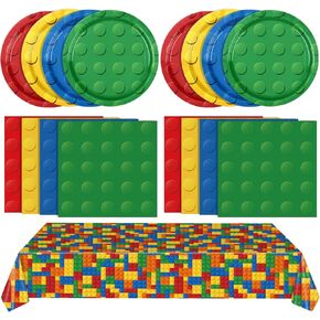 81 PCS Building Block Birthday Party Supplies Colorful Building Block Themed Tableware Set Blocks Themed Disposable Plates Napkins Tablecloth for Boys Kid’s Birthday