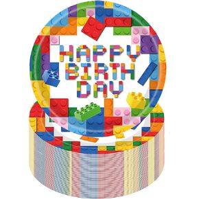 50Pcs Building Block Paper Plates Building Block Party Supplies,7" Colorful Building Block Dessert Plates Building Block Birthday Plates for Colorful Blocks Birthday Party Decorations