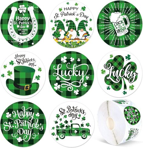 Whaline 1000Pcs St. Patrick's Day Stickers Roll Green Buffalo Plaid Shamrock Round Stickers 1.5Inch Lucky Clover Label Tags Self-Adhesive Stickers for Irish Party Seals Cards Envelopes, 8 Design in Saudi Arabia