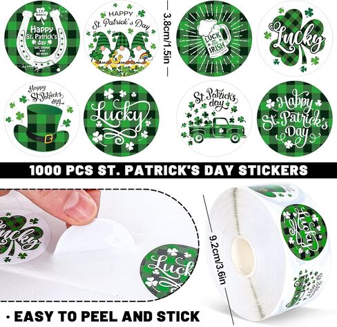 Whaline 1000Pcs St. Patrick's Day Stickers Roll Green Buffalo Plaid Shamrock Round Stickers 1.5Inch Lucky Clover Label Tags Self-Adhesive Stickers for Irish Party Seals Cards Envelopes, 8 Design in Saudi Arabia