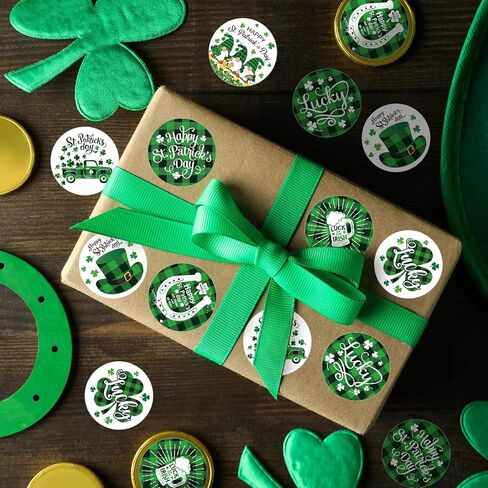 Whaline 1000Pcs St. Patrick's Day Stickers Roll Green Buffalo Plaid Shamrock Round Stickers 1.5Inch Lucky Clover Label Tags Self-Adhesive Stickers for Irish Party Seals Cards Envelopes, 8 Design in Saudi Arabia
