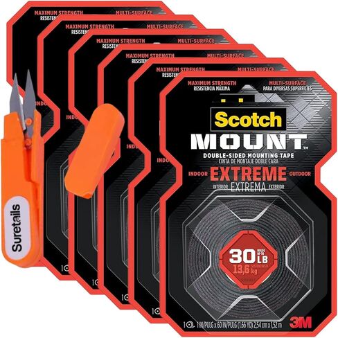 Scotch Double-Sided Extreme Mounting Tape, 1.45 Oz, 1"X60", Holds 30 Lbs, Weather-Resistant, Versatile, Bundle With Embroidery Scissors, Easy Application, Indoor/Outdoor Use (Pack Of 6) in Kuwait