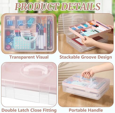 2 Pcs 2 Tier Cute Bear Storage Box with Removable Divided Tray 12.5" x 9" Portable Clear Plastic Art Supply Organizer Stackable Office Supplies Container for Pens Notes A4 Papers (Pink) in Saudi Arabia