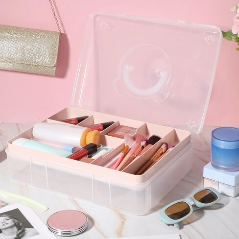 2 Pcs 2 Tier Cute Bear Storage Box with Removable Divided Tray 12.5" x 9" Portable Clear Plastic Art Supply Organizer Stackable Office Supplies Container for Pens Notes A4 Papers (Pink) in Saudi Arabia