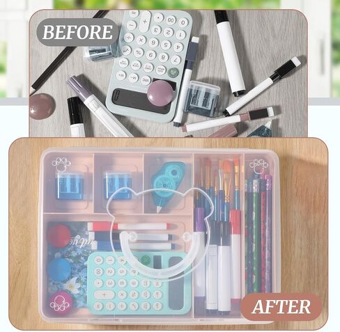 2 Pcs 2 Tier Cute Bear Storage Box with Removable Divided Tray 12.5" x 9" Portable Clear Plastic Art Supply Organizer Stackable Office Supplies Container for Pens Notes A4 Papers (Pink) in Saudi Arabia