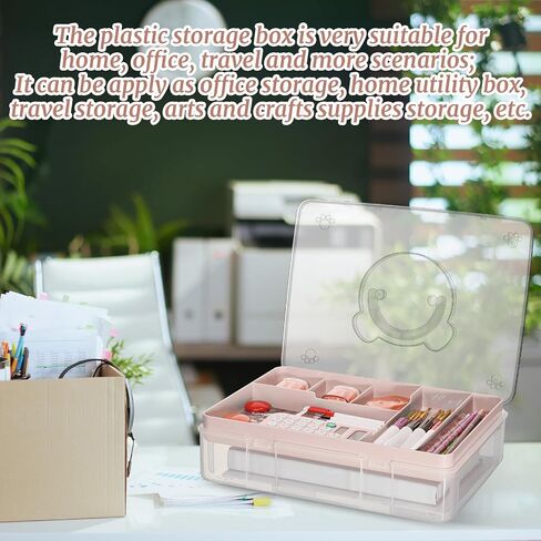 2 Pcs 2 Tier Cute Bear Storage Box with Removable Divided Tray 12.5" x 9" Portable Clear Plastic Art Supply Organizer Stackable Office Supplies Container for Pens Notes A4 Papers (Pink) in Saudi Arabia