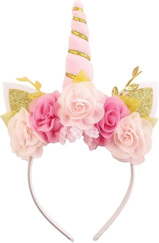 Nishine Girls Unicorn Horn Headband with Chiffon Leaf Floral Unicron Tiara Halloween Cospaly Party Supply in Saudi Arabia