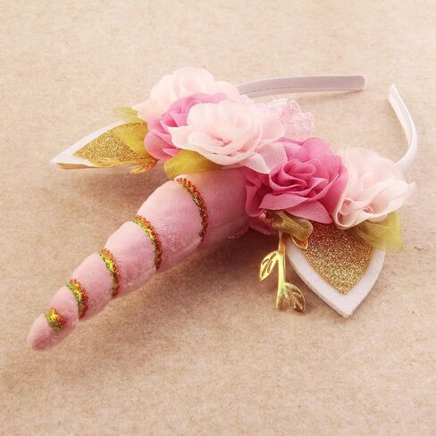 Nishine Girls Unicorn Horn Headband with Chiffon Leaf Floral Unicron Tiara Halloween Cospaly Party Supply in Saudi Arabia