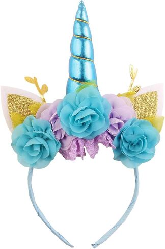 Nishine Girls Unicorn Horn Headband with Chiffon Leaf Floral Unicron Tiara Halloween Cospaly Party Supply in Saudi Arabia