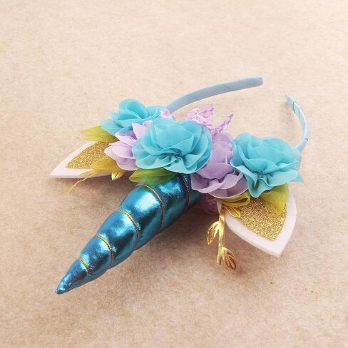 Nishine Girls Unicorn Horn Headband with Chiffon Leaf Floral Unicron Tiara Halloween Cospaly Party Supply in Saudi Arabia