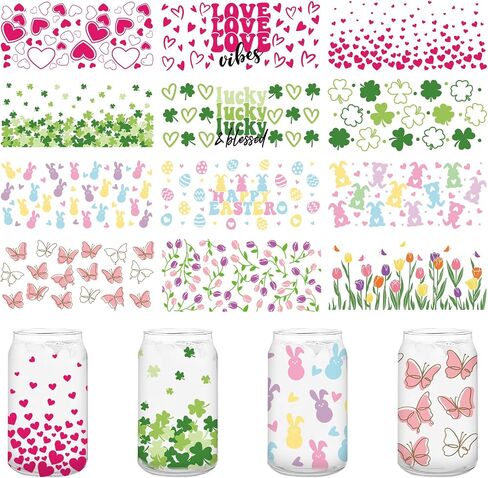 Whaline 12Pcs Valentines St. Patrick's Day Easter Spring Cup Wrap Transfer Stickers Heart Shamrock Easter Egg Bunny Flower Butterfly Transfer Cup Stickers Decals for Glass Cup DIY Crafts in Saudi Arabia