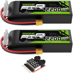 OVONIC 3S Lipo Battery 100C 2200mAh 11.1V Lipo Battery with XT60 Connector for RC Airplane Helicopter Quadcopter RC Car Truck Boat(2 Packs)(with Lipo Voltage Checker)