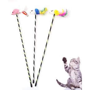 IUHKBH Interactive Cat Sticks, 3 PCS Cat Wands with Mice Long Cat Teaser Wands for Cats Kittens Having Fun Exerciser Playing